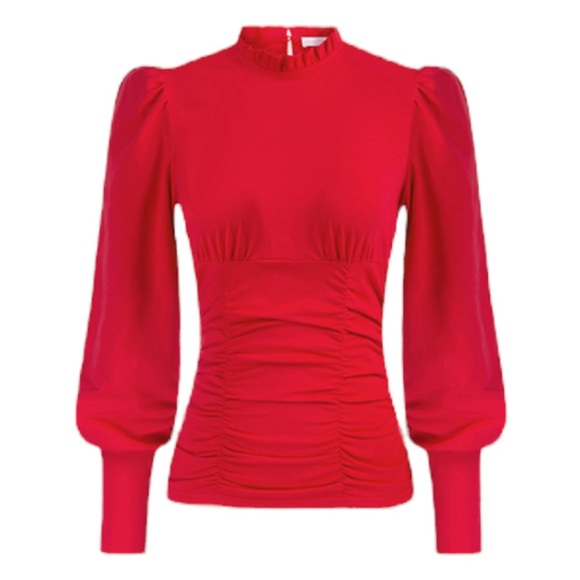 Belle Poque Red Mock Neck Long Lantern Sleeve Ruched Tops Blouse Shirt XL - Picture 1 of 8